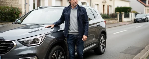 Conducteur à côté de son SUV dans une rue résidentielle du Havre