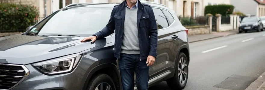 Conducteur à côté de son SUV dans une rue résidentielle du Havre