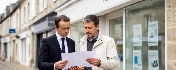 Conseiller en assurance auto discutant avec un client devant une agence au Havre