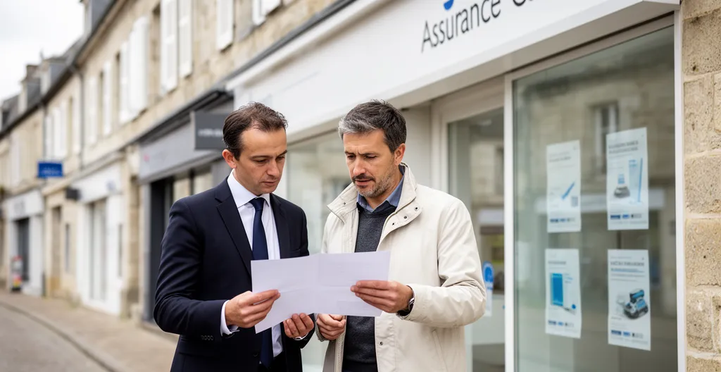 Conseiller en assurance auto discutant avec un client devant une agence au Havre