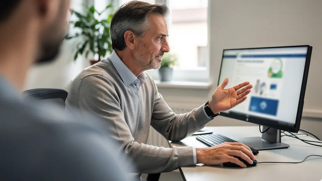 Conseiller GAN Assurances expliquant un contrat à un client en agence