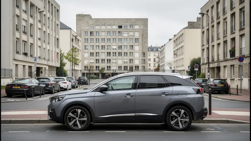 SUV familial stationné dans une rue du Havre avec architecture Perret en arrière-plan
