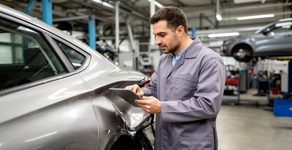 Expert automobile inspectant un véhicule accidenté dans un garage normand